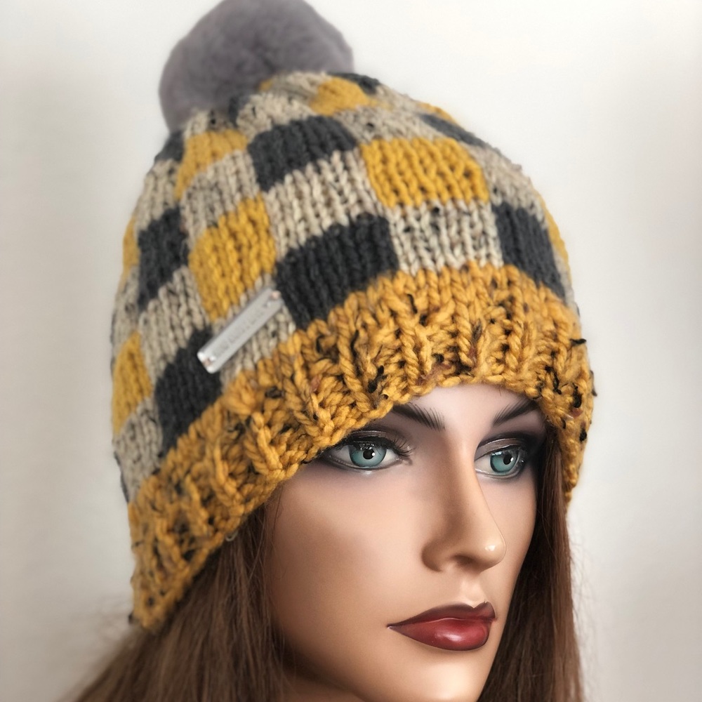 Hand Knits 2 Love Beanie Hat Cap Plaid Designer